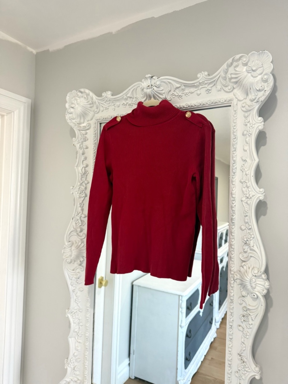 Ribbed Mock Neck Sweater with Gold Button Details - Red